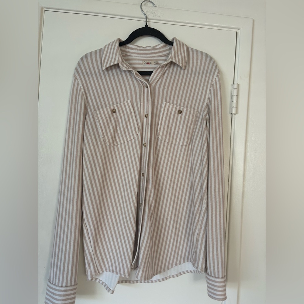 Faherty Legend Taupe and White Tannin Striped Button-Down Sweater Shirt Size M - Picture 5 of 8
